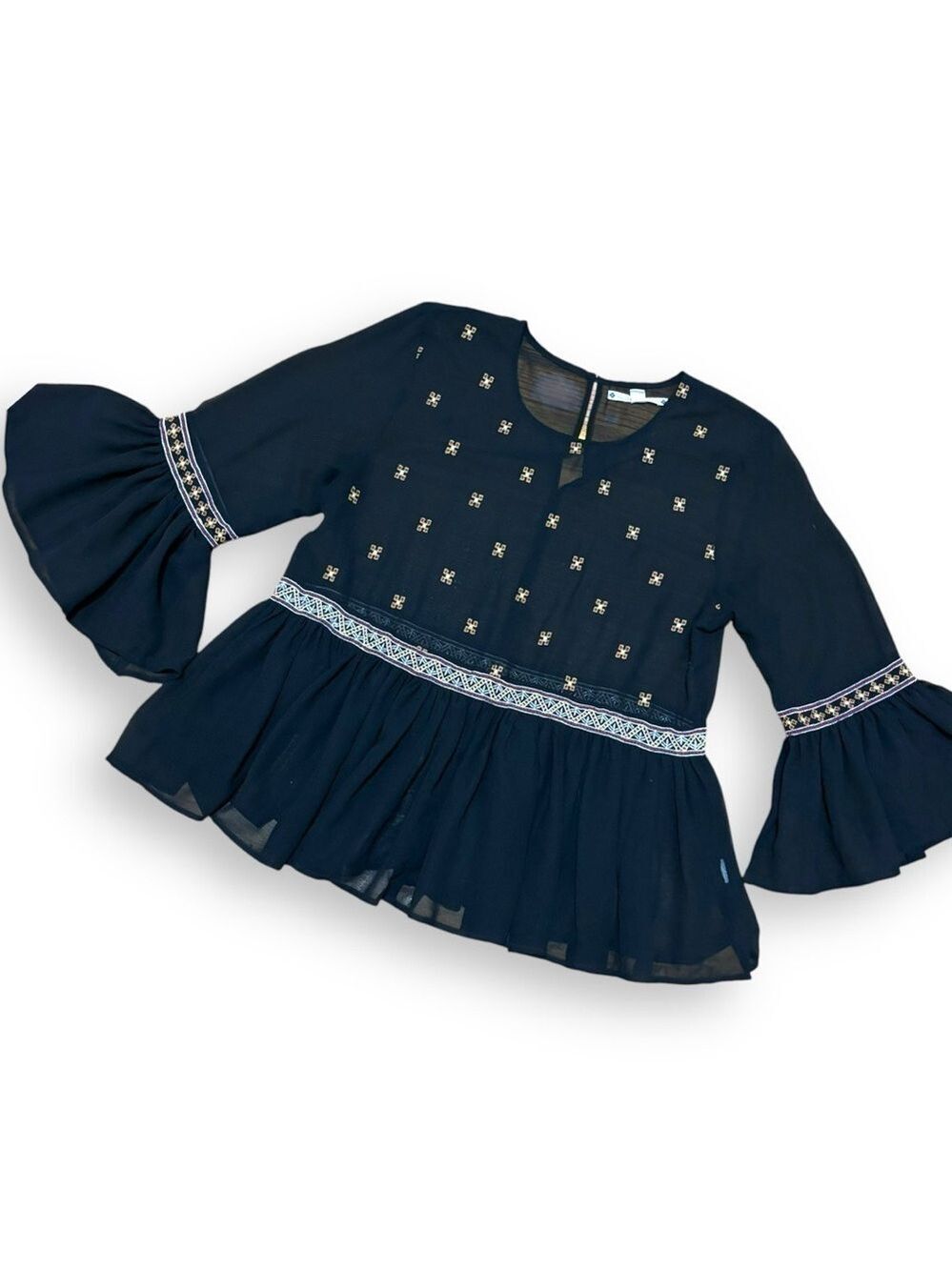 Chelsea & Theodore Black 3/4 Bell Sleeve Embroidered Boho Top - Size Large